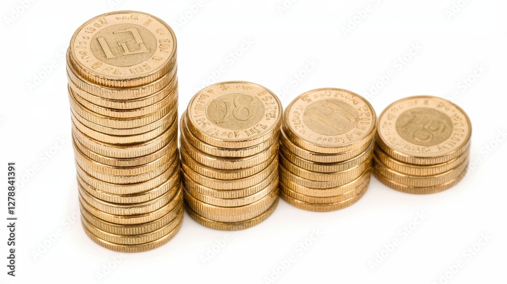 Stacked Coins Displaying Different Heights and Diameters on White Background Stacked Coins Displaying Different Heights and Diameters on White Background