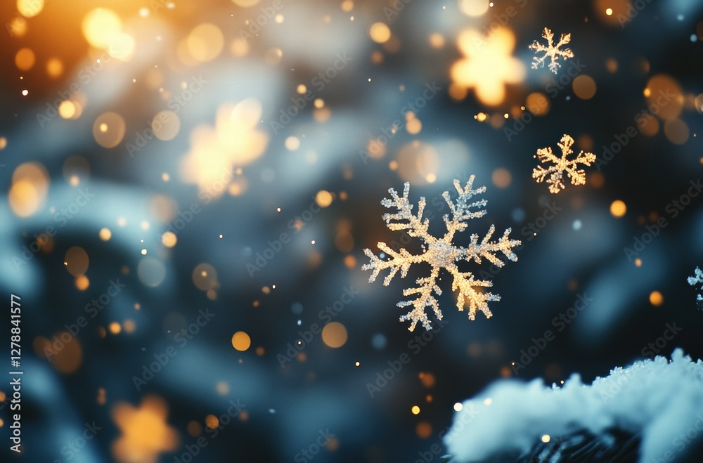 A snowflake is suspended in the air, surrounded by a blurry background A snowflake is suspended in the air, surrounded by a blurry background