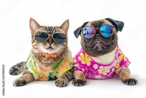 Stylish Duo: A playful cat and dog sport sunglasses and Hawaiian shirts, exuding coolness and charm, captured in a lighthearted, high-angle shot.