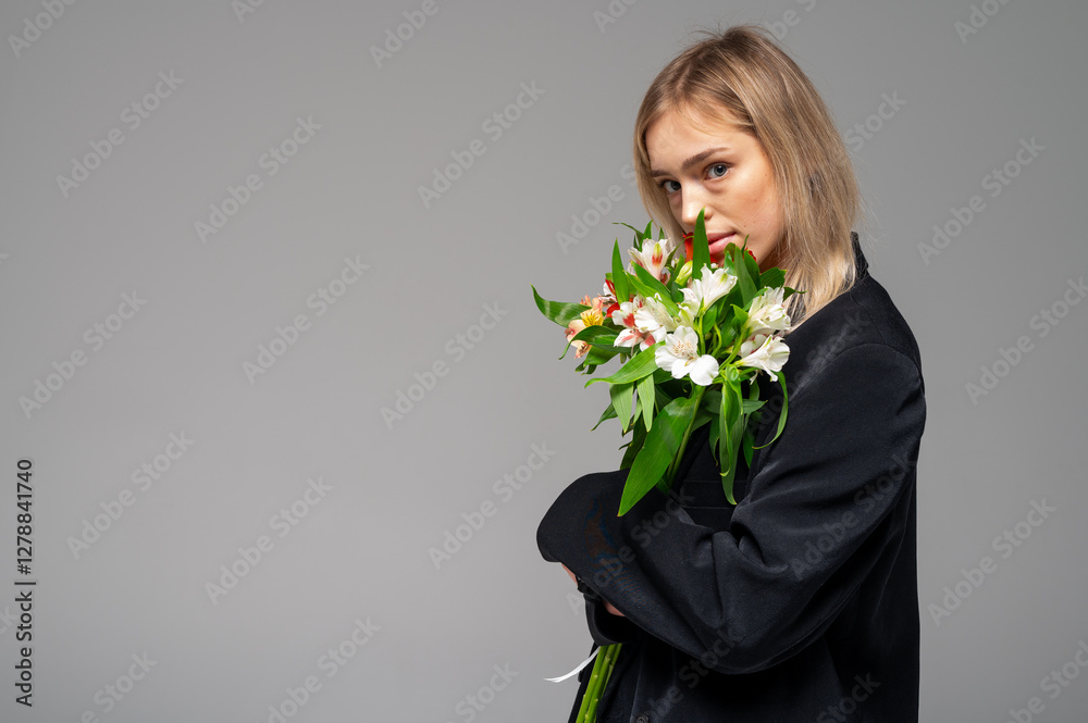 Portrait of a young, emotional girl with a bouquet of fresh spring flowers, smiling and excited, side view. Studio shot with soft lighting and neutral background that conveys emotions and natural beau Portrait of a young, emotional girl with a bouquet of fresh spring flowers, smiling and excited, side view. Studio shot with soft lighting and neutral background that conveys emotions and natural beau