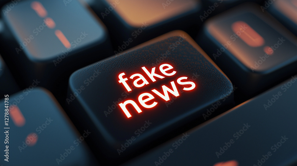 close up of black keyboard button featuring glowing text that reads fake news, symbolizing impact of misinformation in digital age
