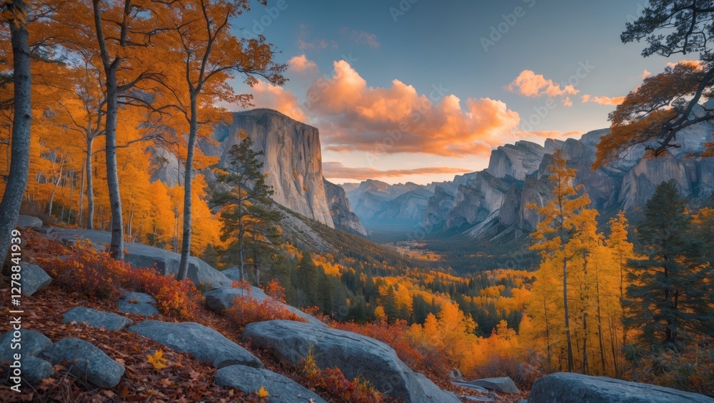 Fototapeta premium Yosemite National Park landscape during autumn with colorful trees and a dramatic sunset sky over mountains and valley.