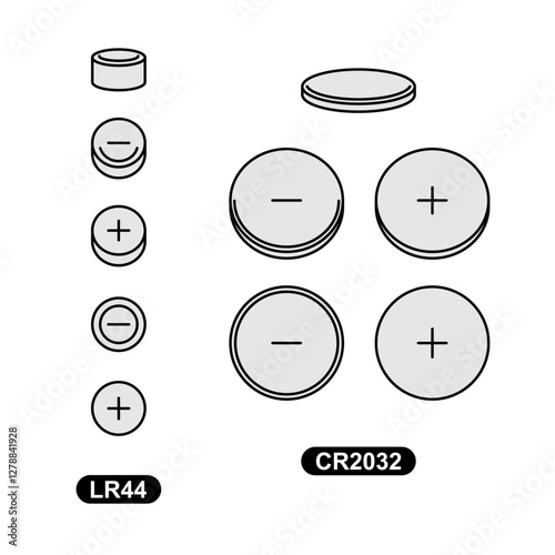 Tablet battery two type icons LR44 and CR2032. Top, bottom and 3D perspective view symbols of device energy source. Editable stroke.