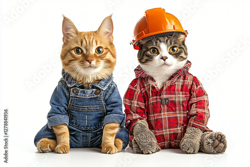 Purrfect Construction Crew: Two adorable cats, dressed in construction worker outfits, exude charm and professionalism, showcasing teamwork and dedication. photo