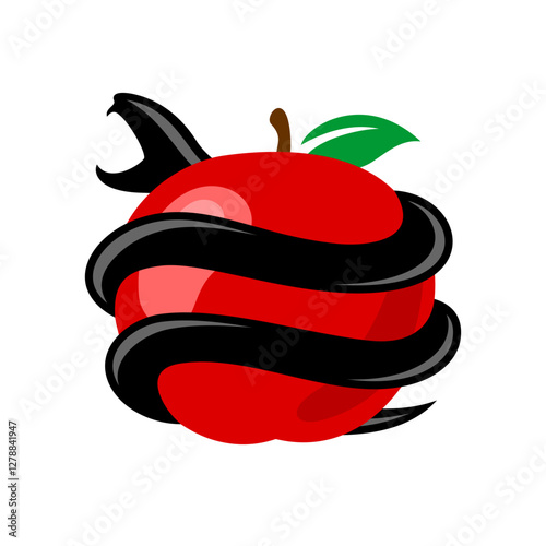 Snake around forbidden apple fruit logo. Black poisonous snake hold a red apple of sin. Religious theme illustration. Eden garden concept symbol. Color tattoo sign.