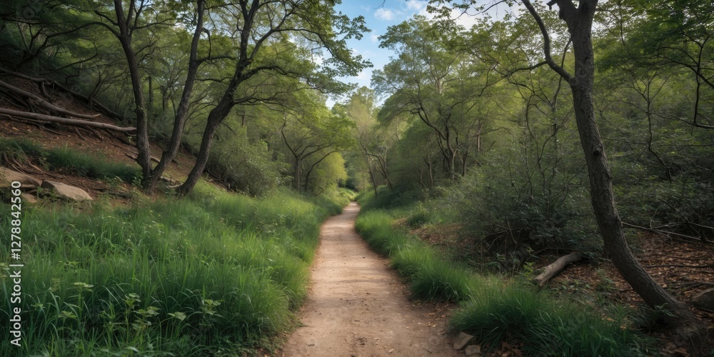 Forest pathway surrounded by lush green vegetation and trees under a partly cloudy sky in a natural setting. Forest pathway surrounded by lush green vegetation and trees under a partly cloudy sky in a natural setting.