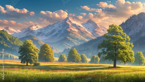 Mountain landscape with lush green trees and colorful wildflowers under a bright sky with clouds and snow-capped peaks in the background