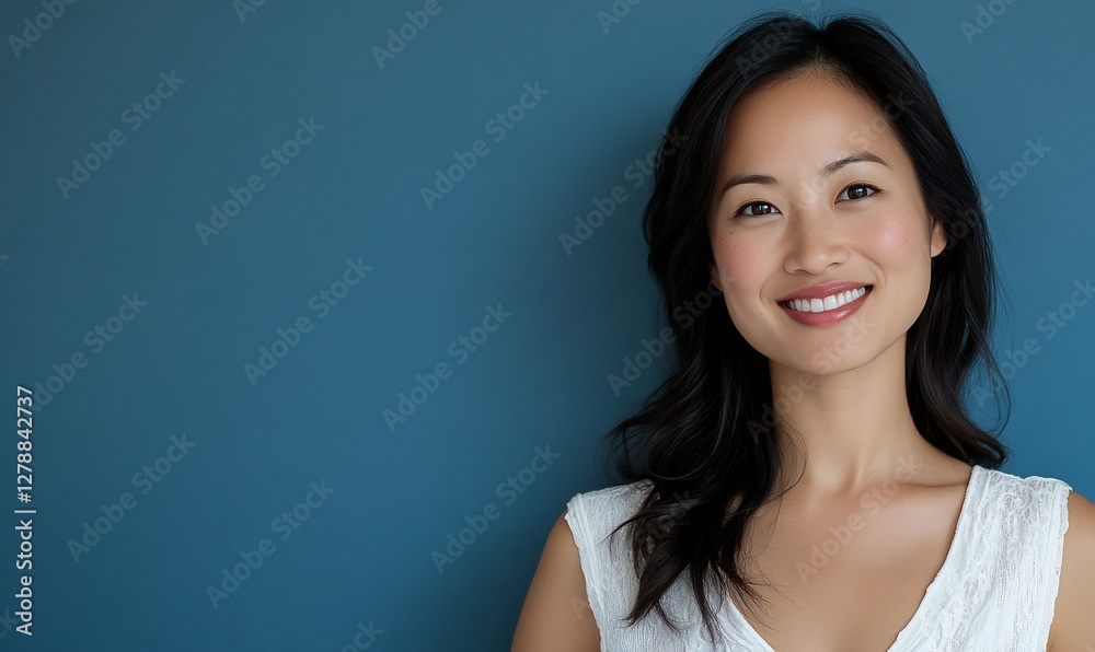 Smiling woman, studio portrait, blue background, website header Smiling woman, studio portrait, blue background, website header