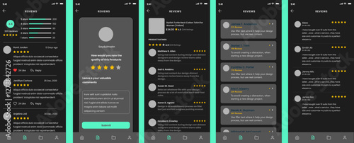 Black Reviews, Opinions & Comments, Review with Star and Comment Dark Screen App UI Kit Template