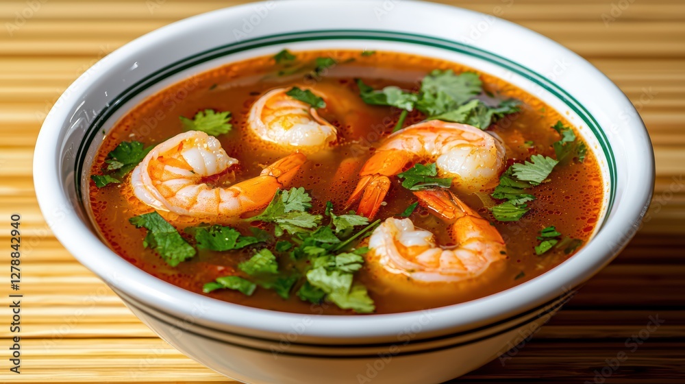 Delicious Shrimp Soup with Fresh Herbs and Spices in Bowl Delicious Shrimp Soup with Fresh Herbs and Spices in Bowl