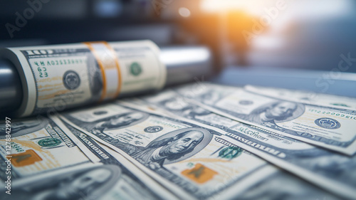Close up of dollar bills being printed, showcasing detailed currency design and texture. image captures essence of money production, evoking sense of value and economy