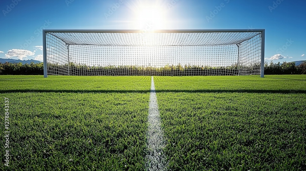 Fototapeta premium Open soccer field complete with goalposts, grass pitch, and clear blue sky