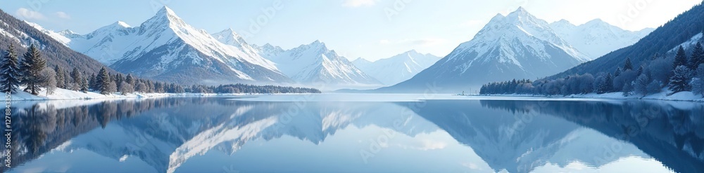 Snowy mountain peaks reflected in a still lake, winter wonderland, mountains Snowy mountain peaks reflected in a still lake, winter wonderland, mountains