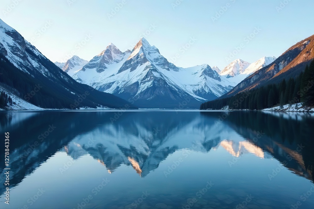 Snowy mountain peaks reflected in a still lake, peaceful, lake, canton grigioni Snowy mountain peaks reflected in a still lake, peaceful, lake, canton grigioni