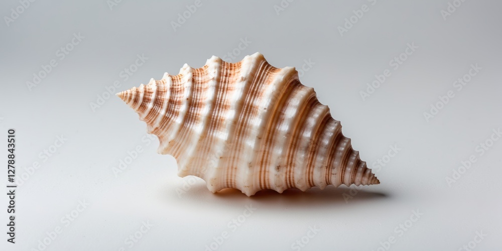 Brown and white spiral sea shell on a light gray background with smooth texture and shadows highlighting its natural shape Brown and white spiral sea shell on a light gray background with smooth texture and shadows highlighting its natural shape