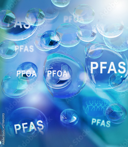 Water drops with PFAS related text -- Forever Chemicals and water contamination concept
