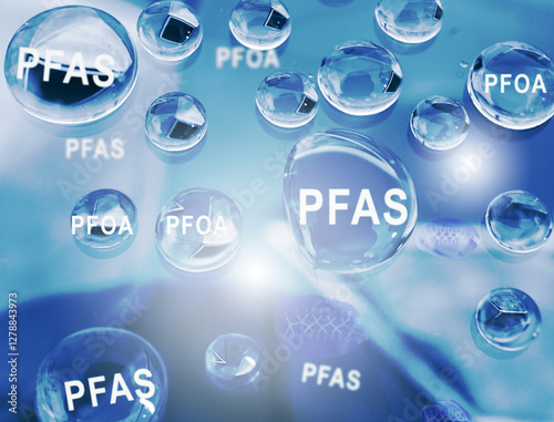 Water drops with PFAS related text -- Forever Chemicals and water contamination concept