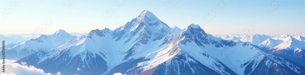 Fototapeta premium Snowy mountain peaks rise high in the frosty air, frosty mornings, winter wonderland, snowy peak