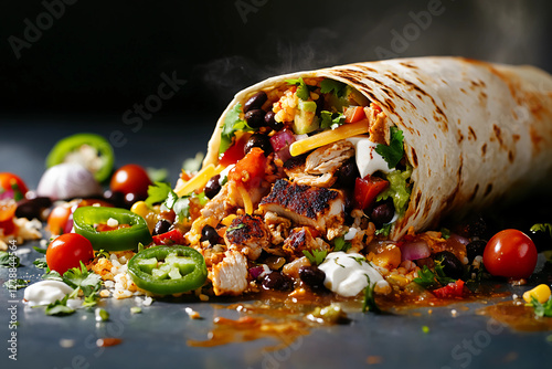 Burrito bursting with rice, beans, grilled chicken, cheese, sour cream, guacamole, salsa, jalapeños, lettuce, onions spilling out in an appetizing messy scene