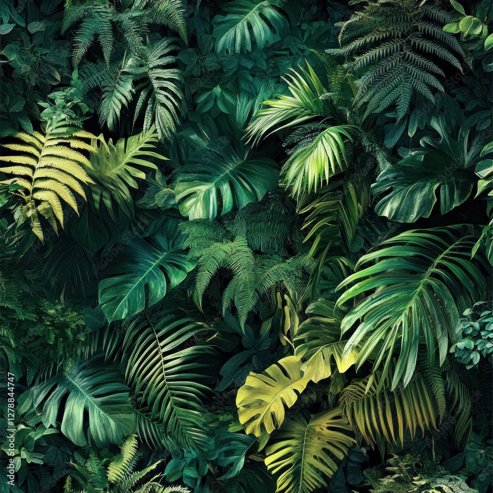 Fototapeta premium Tropical foliage wall mural, lush green leaves, nature background, digital art, decorative design