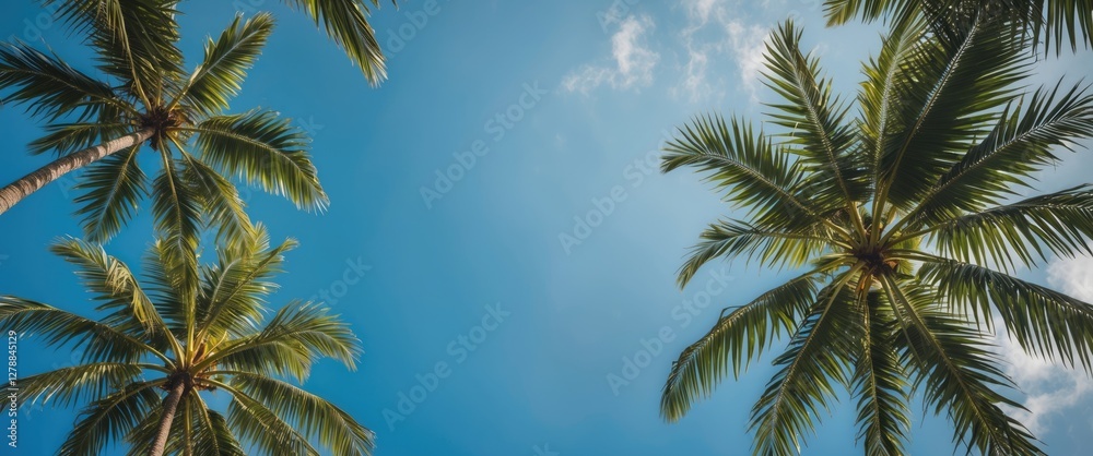 Palm trees silhouette against a clear blue sky viewed from below with clouds in the background during daytime Palm trees silhouette against a clear blue sky viewed from below with clouds in the background during daytime