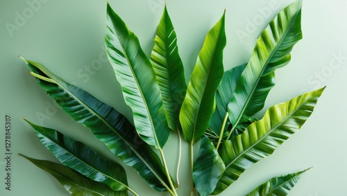 Tropical green leaves arrangement on pastel background for nature and botanical concept photo