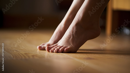 Wallpaper Mural Close-up of bare feet on wooden floor, symbolizing simplicity, grounding, and a connection to nature in everyday life. Torontodigital.ca