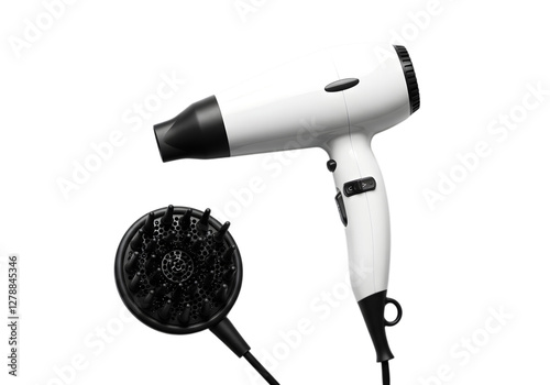 Sleek White Hair Dryer and Diffuser on Dark Backdrop for Hair Styling