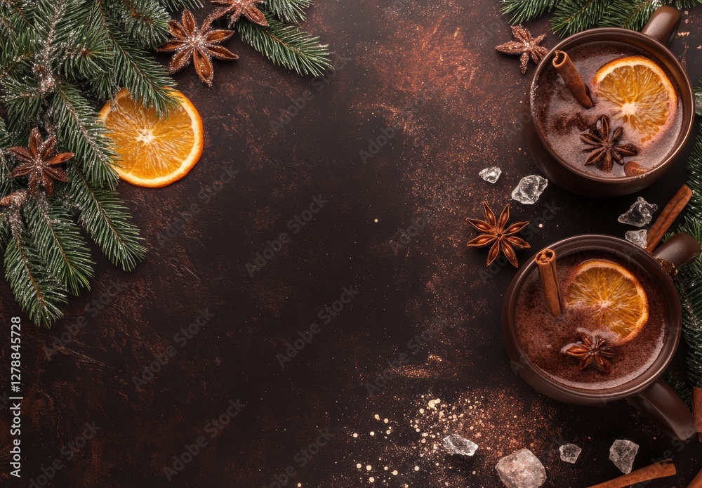 A dark background with two cups of hot chocolate and orange slices A dark background with two cups of hot chocolate and orange slices