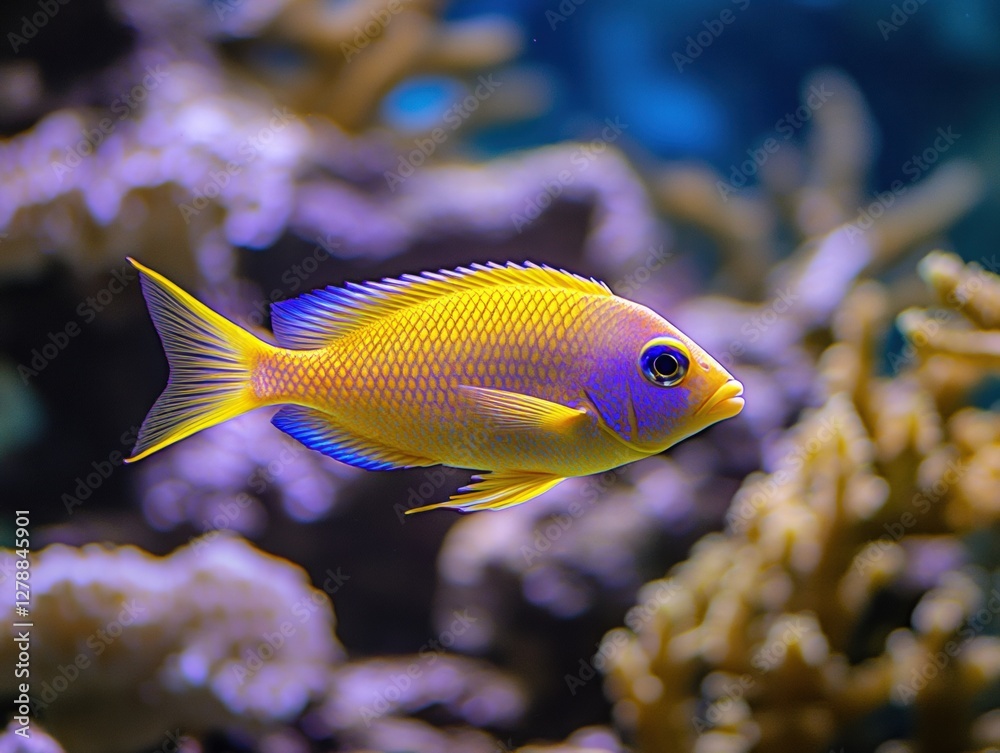 A yellow and blue fish swimming in a tank A yellow and blue fish swimming in a tank
