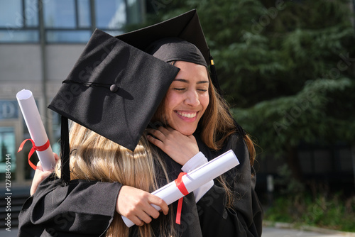 Obraz na płótnie Two female graduates hugging each other, holding their diplomas and celebrating their graduation w salonie