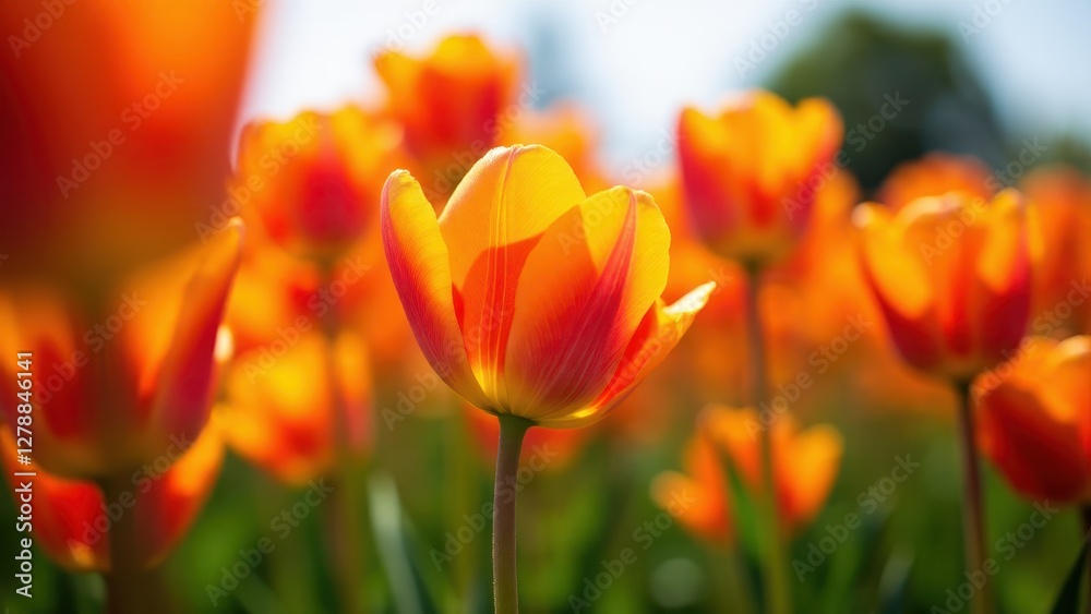 A close-up of vibrant orange tulips in full bloom, bathed in sunlight. A close-up of vibrant orange tulips in full bloom, bathed in sunlight.