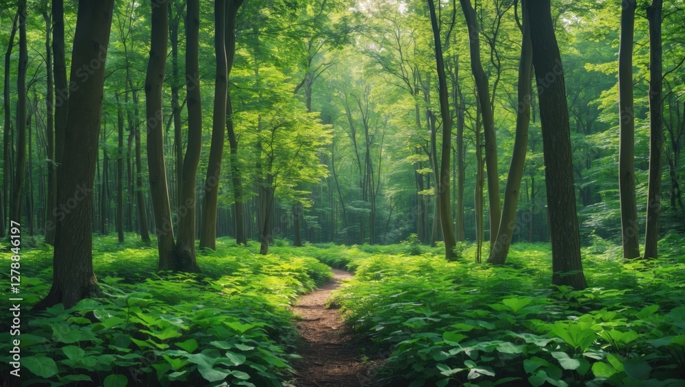Naklejka premium Lush green forest pathway surrounded by tall trees and dense foliage during daylight in a serene natural setting