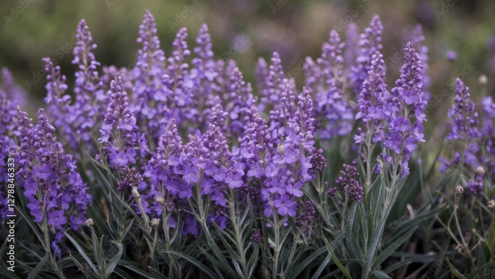 Naklejka premium Field of purple flowering plants with lush green leaves in a natural outdoor setting during daylight