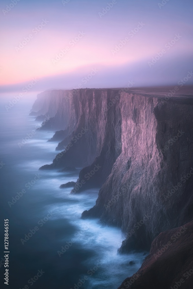 Majestic cliffs rise above tranquil ocean waves, bathed in soft