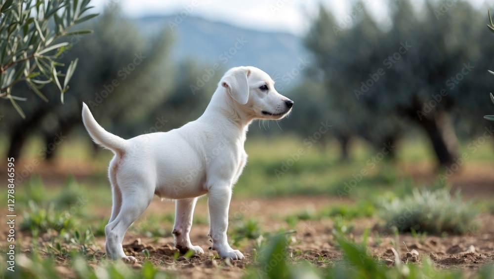 Labrador retriever puppy standing on a dirt path with olive trees in the background under a cloudy sky Labrador retriever puppy standing on a dirt path with olive trees in the background under a cloudy sky
