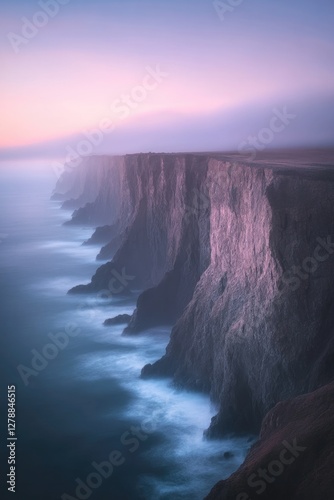 Obraz na płótnie Majestic cliffs rise above tranquil ocean waves, bathed in soft w salonie
