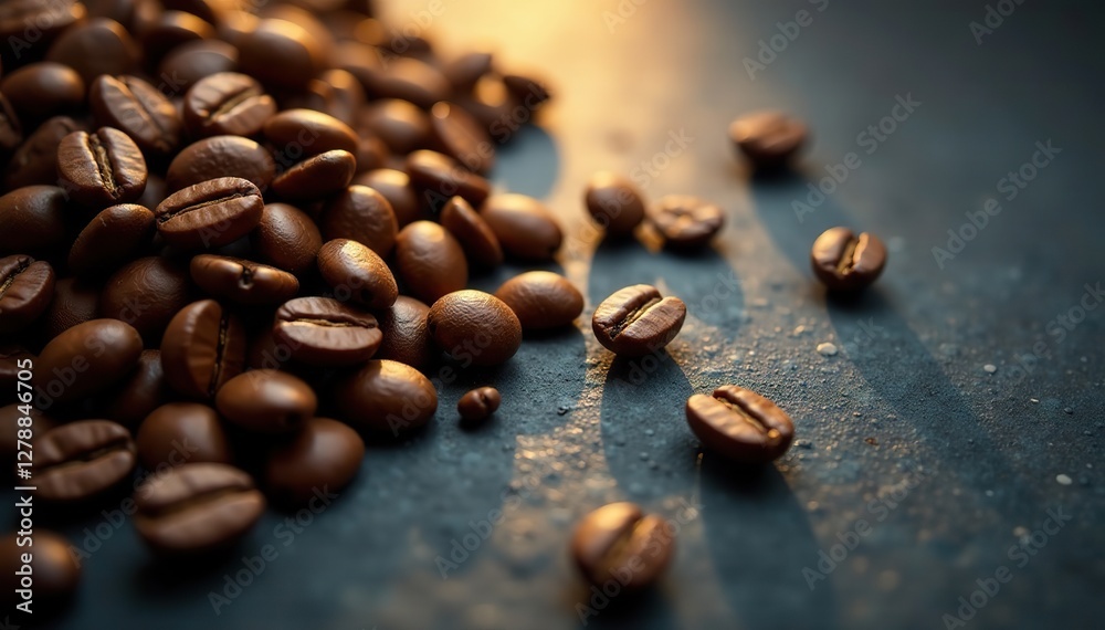 Roasted coffee beans scattered across a dark gray surface with soft warm light shining through, roasted, light Roasted coffee beans scattered across a dark gray surface with soft warm light shining through, roasted, light