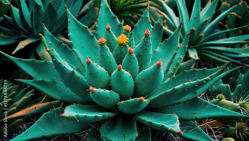 Fototapeta premium Close-up view of vibrant green succulent plant with spiny leaves and yellow flower buds in a desert environment
