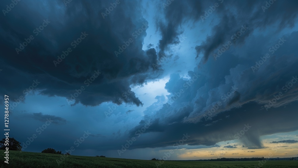 Dramatic sky with dark storm clouds and light breaking through over a rural landscape during twilight hours Dramatic sky with dark storm clouds and light breaking through over a rural landscape during twilight hours