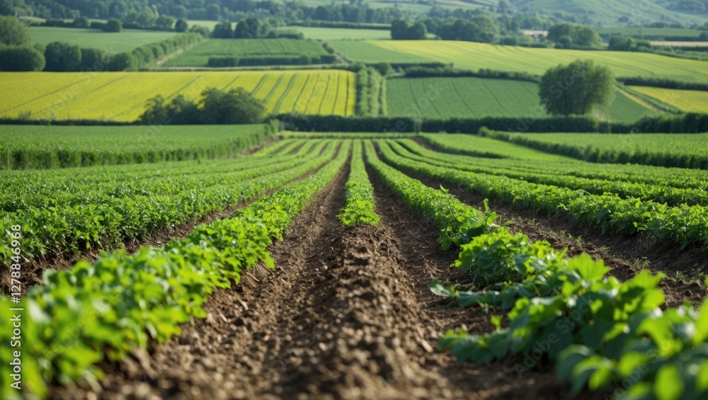 Obraz premium Vast agricultural landscape with rows of green crops and rolling hills under a clear sky during daytime