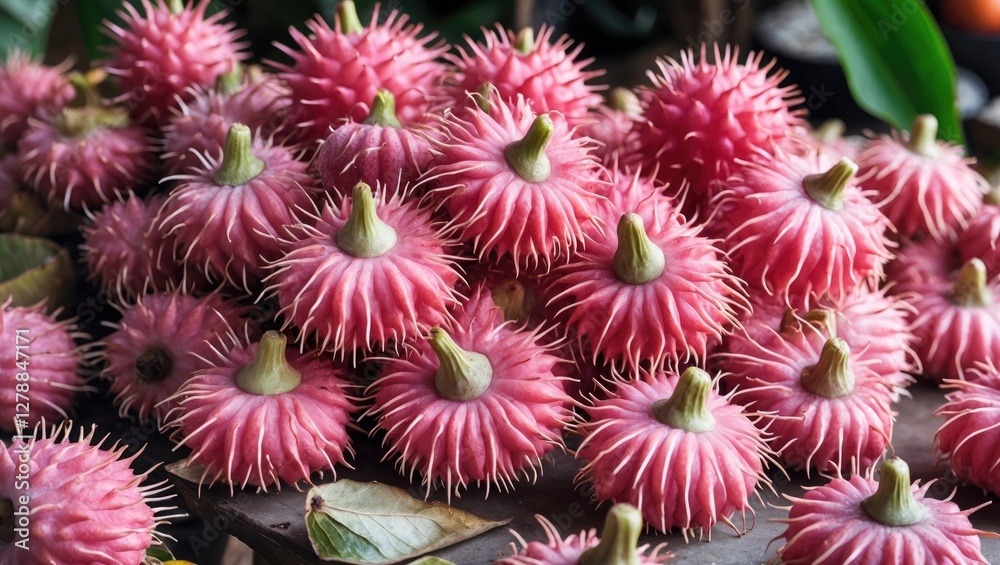 Pink spiky tropical fruit with green tips arranged on a wooden surface in natural light. Fresh produce display in a market setting. Pink spiky tropical fruit with green tips arranged on a wooden surface in natural light. Fresh produce display in a market setting.