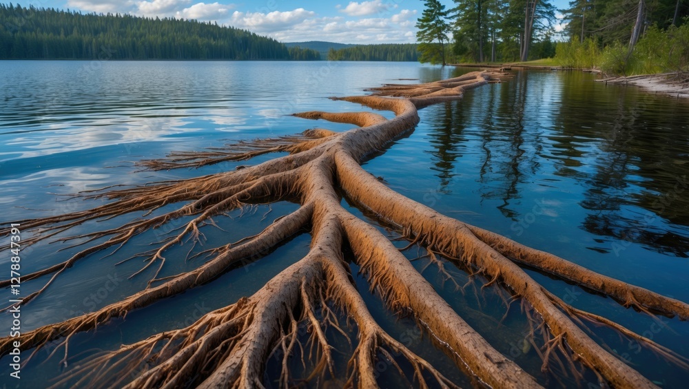 Exposed tree roots extending into a calm lake with reflections of trees on the water surface under a blue sky with clouds Exposed tree roots extending into a calm lake with reflections of trees on the water surface under a blue sky with clouds
