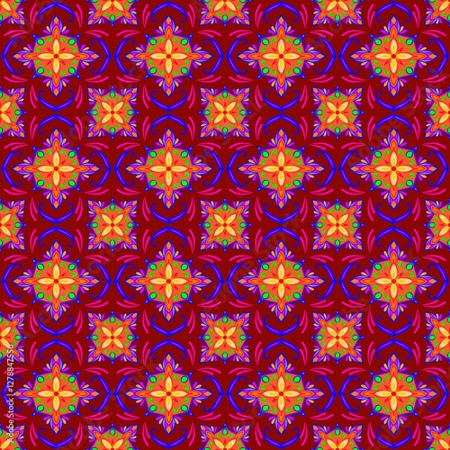 A vibrant, symmetrical pattern featuring colorful floral motifs against a rich red background.