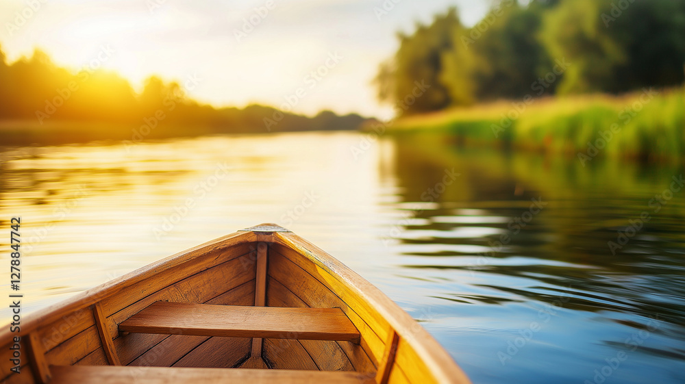 wooden rowing boat on tranquil river during summer sunset, surrounded by lush greenery, creates serene and idyllic atmosphere wooden rowing boat on tranquil river during summer sunset, surrounded by lush greenery, creates serene and idyllic atmosphere