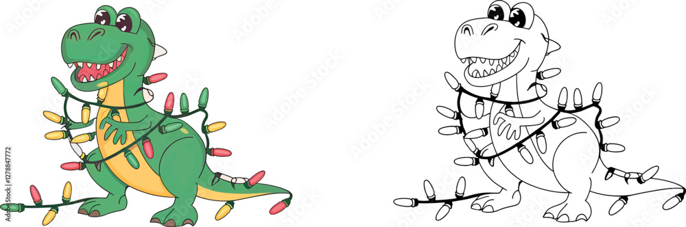 Fototapeta premium Cute Dinosaur with Christmas Lights - Coloring Page