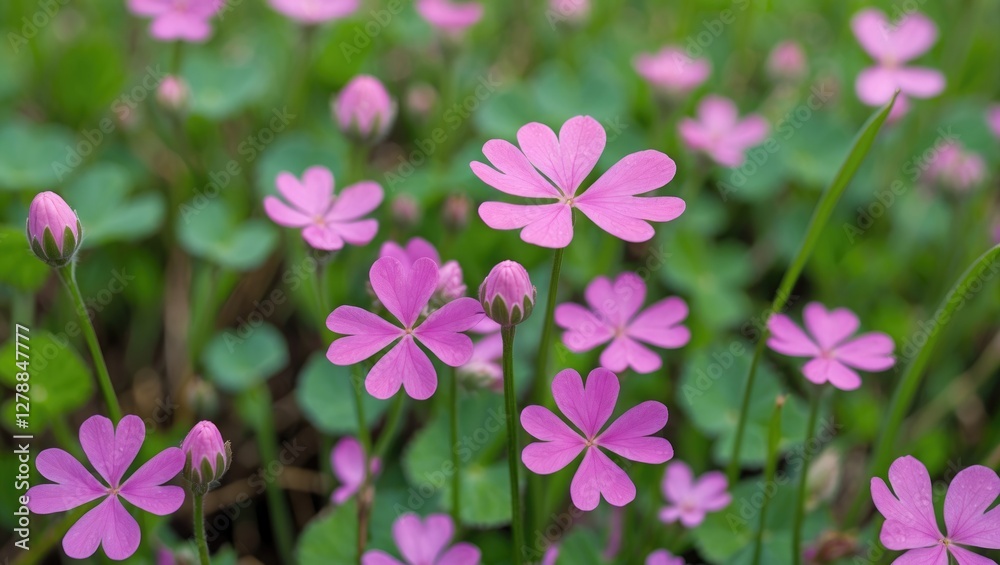 Fototapeta premium Pink flowering plants with five-petaled blossoms in a lush green landscape during spring season.