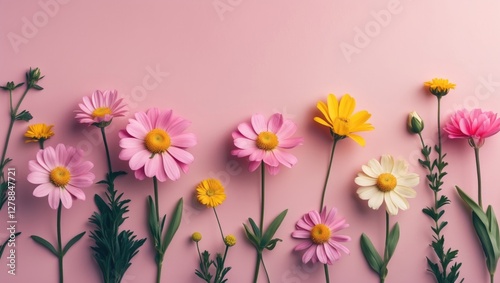 Colorful flowers arranged in a horizontal line on a pink background showcasing various types and sizes of blooms photo