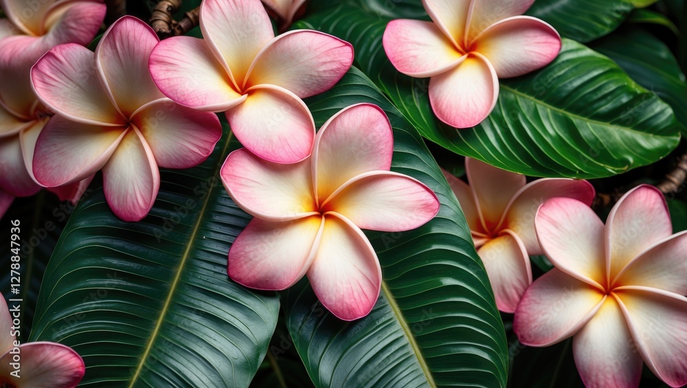Fototapeta premium pink plumeria flowers on green leaves close up view in tropical garden setting