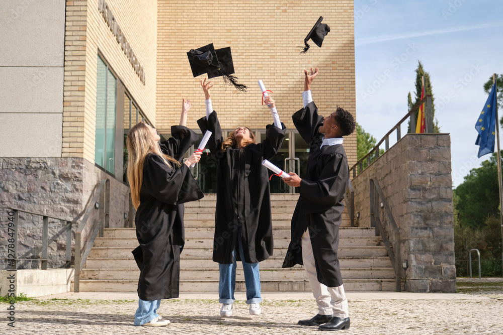 Group of cheerful multi ethnic graduates throwing graduation caps in the air after graduation ceremony